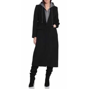 Avec Les Filles Women's Size M Removable Hoodie Notch Lapel Black Long Coat